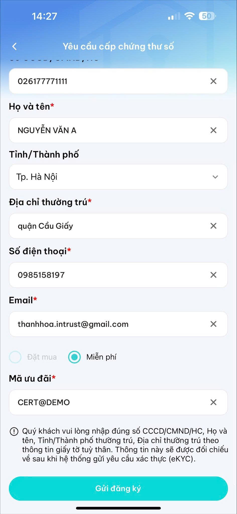 Form "Yêu cầu cấp chứng thư số" — điền thông tin thật và mã ưu đãi CERT@DEMO
