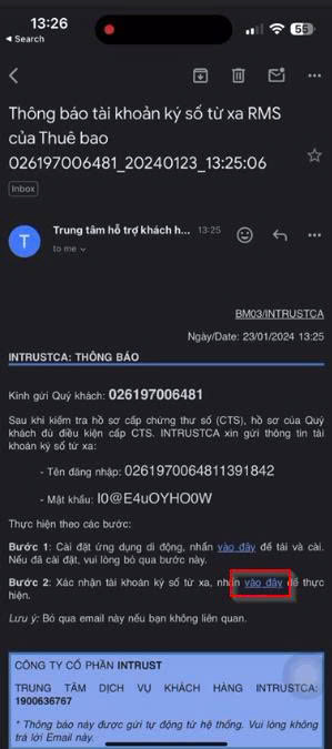 Email "Thông báo tài khoản ký số từ xa RMS" — click "vào đây" ở Bước 2 để xác nhận tài khoản và thiết lập thiết bị gốc