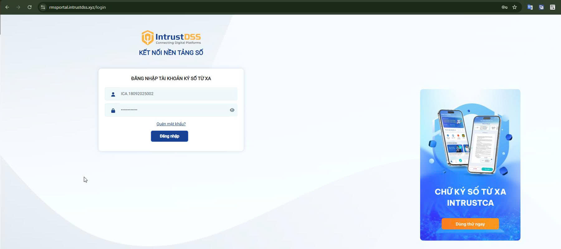 Trang đăng nhập Portal môi trường kiểm thử