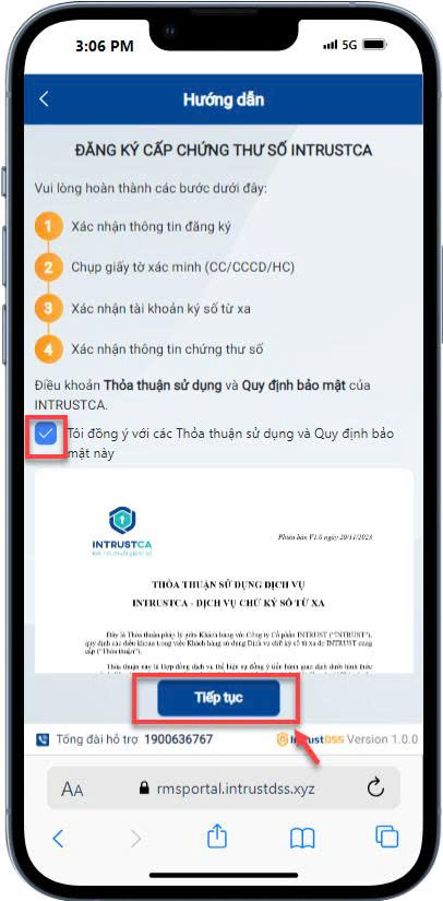 Màn "Hướng dẫn đăng ký cấp chứng thư số INTRUSTCA" — tích điều khoản, nhấn Tiếp tục