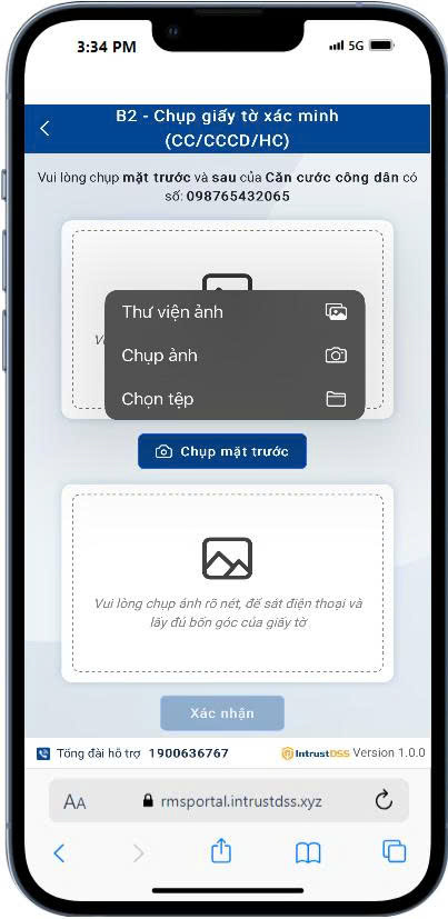 Màn "B2 - Chụp giấy tờ xác minh" — chọn nguồn ảnh