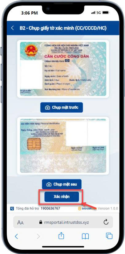 Màn "B2 - Chụp giấy tờ xác minh" — đã chụp mặt trước/sau, nhấn Xác nhận