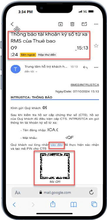 Email "Thông báo tài khoản ký số từ xa RMS"