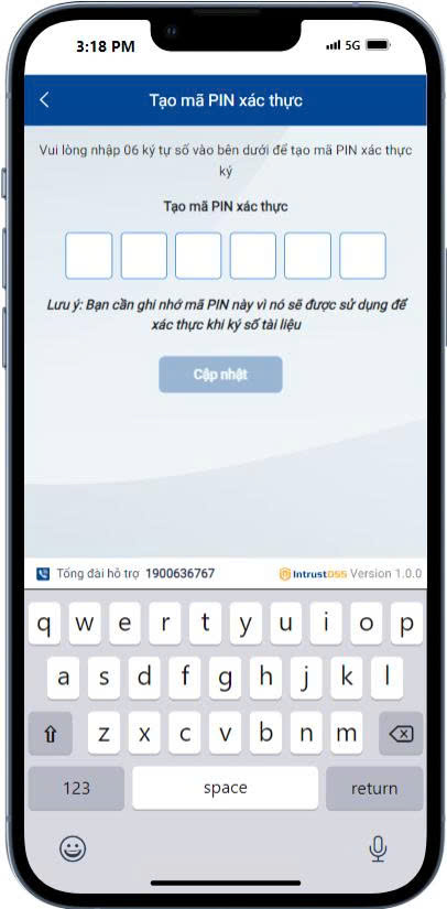 Màn "Tạo mã PIN xác thực"