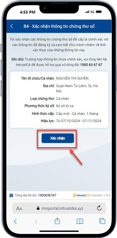 Màn "B4 - Xác nhận thông tin chứng thư số" — nhấn Xác nhận