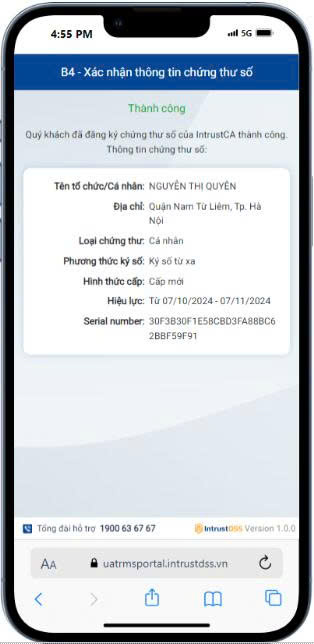 Kết quả sau khi xác nhận thông tin chứng thư số thành công
