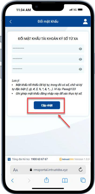 Form "Đổi mật khẩu tài khoản ký số từ xa"