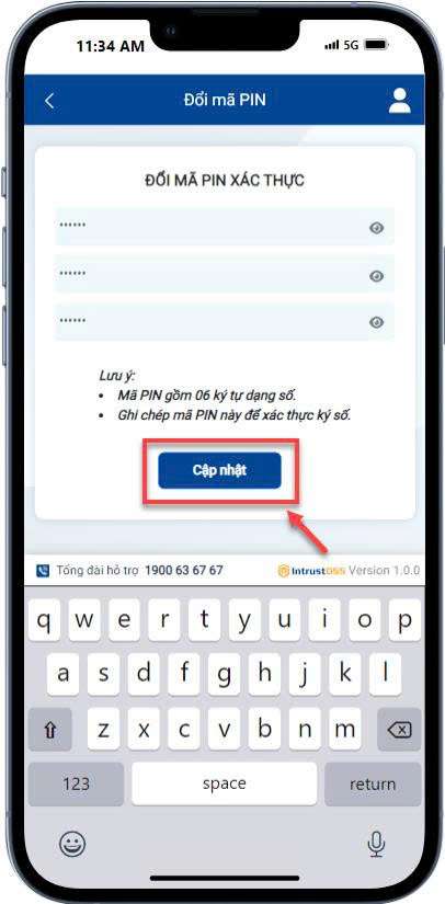 Form "Đổi mã PIN xác thực"