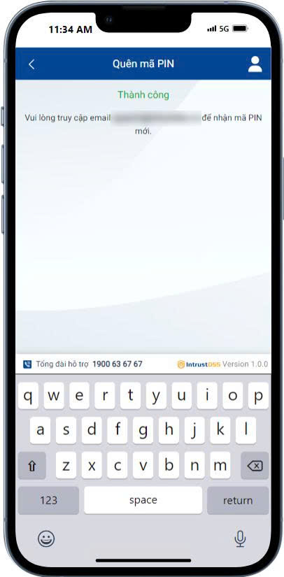 Màn "Quên mã PIN" — thành công, kiểm tra email nhận mã PIN mới