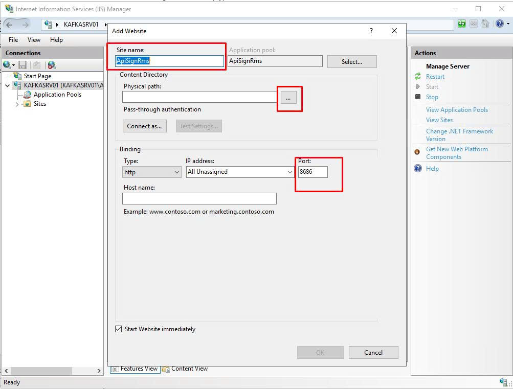 Add Website dialog — Site name/Physical path/Port