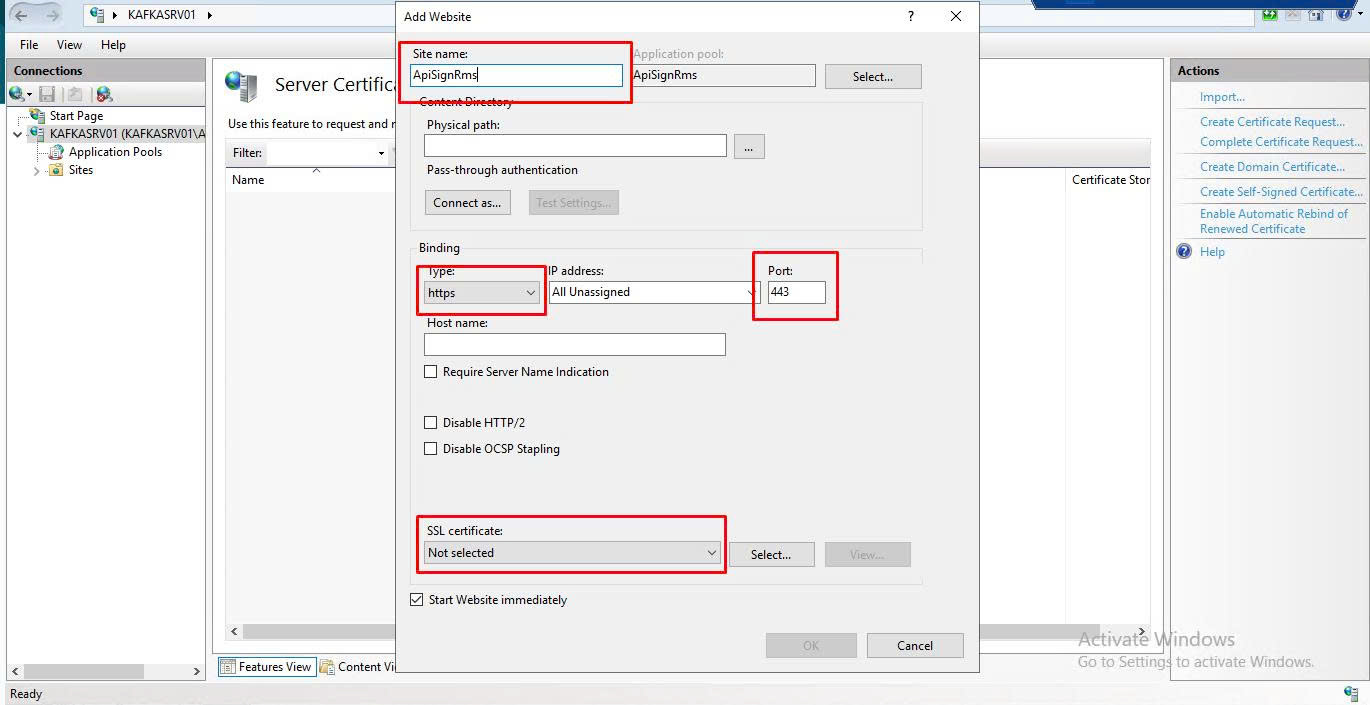 Add Website — Type https, Port 443, SSL certificate