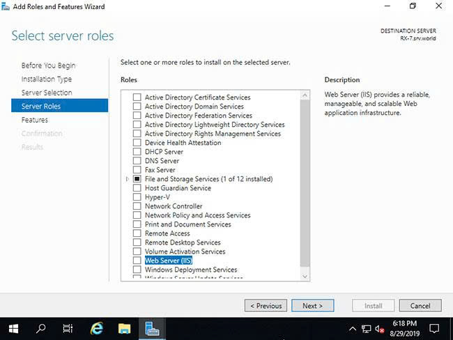 Select server roles — tick Web Server (IIS)