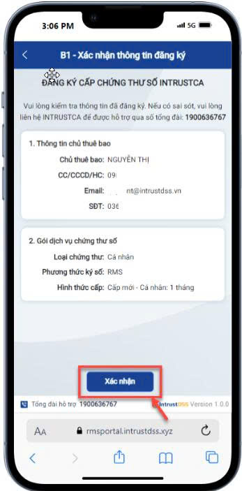 The "B1 - Confirm registration information" screen — tap Confirm