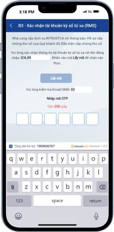 The "B3 - Confirm the remote signing account" screen — Get code, enter OTP