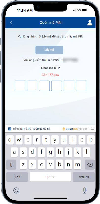 The "Forgot PIN Code" screen — enter the OTP code