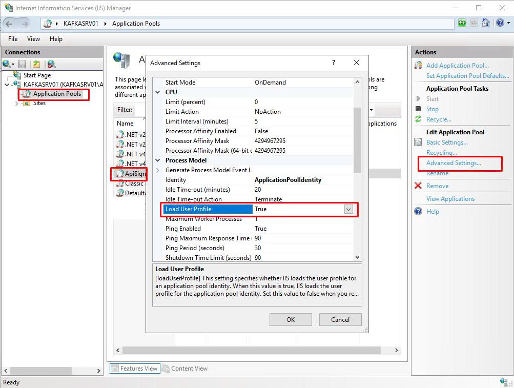 Application Pool Advanced Settings (site https)