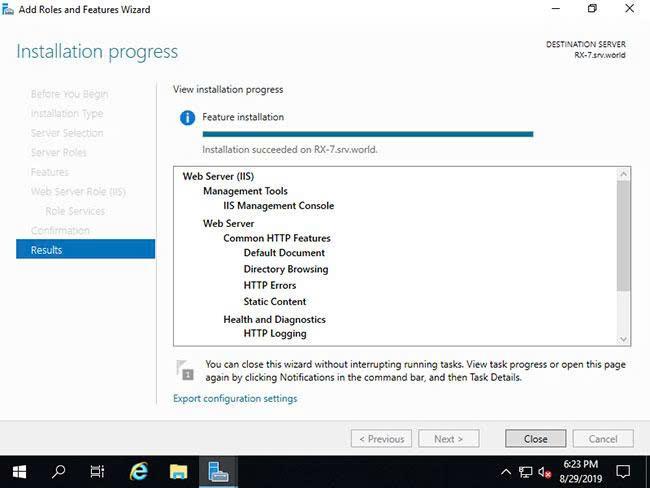 Installation progress/results — Close button